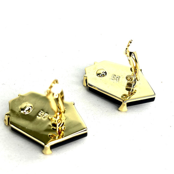 Nicholas Liu Vintage Black Onyx Hexagon Geometric Clip On Earrings Gold Metal - Picture 4 of 5